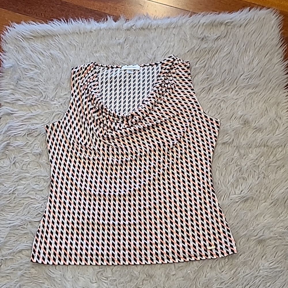 Calvin klein pink, black, white and tan polyester stretch cowl neck tank top